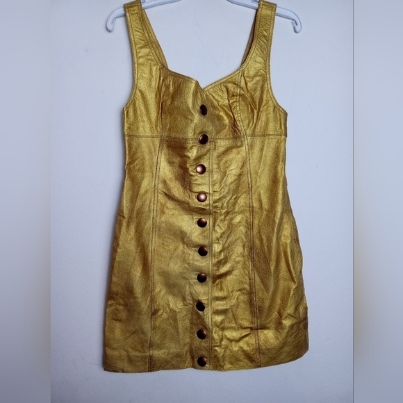 NWT Free People Gold Metallic 100% Leather Button Front Mini Dress size 8 - Picture 8 of 10